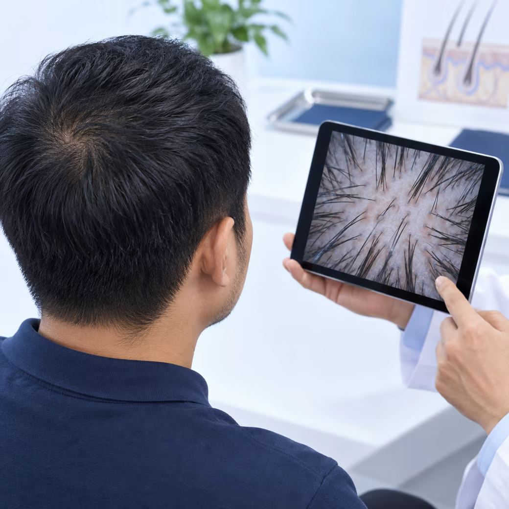 Clinician reviewing scalp and donor-area assessment for hair transplant planning