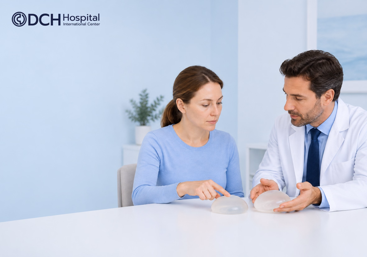 Woman Discussing Implant Samples At A Breast Augmentation With Lift Consultation