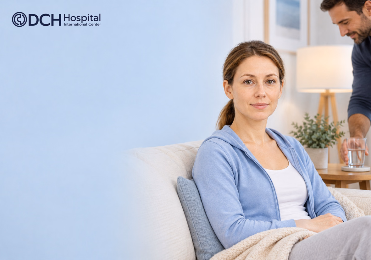 Woman Resting Upright With Home Support For Breast Augmentation Recovery