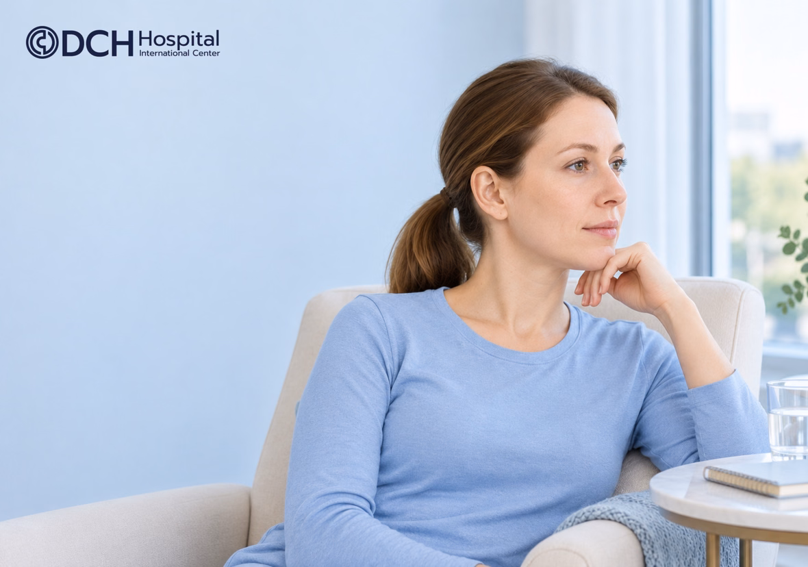 Woman Resting Upright While Planning Chin Augmentation Recovery