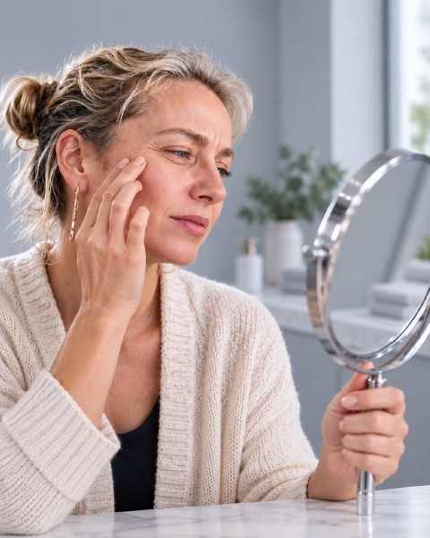 Woman Examining Her Face In A Handheld Mirror