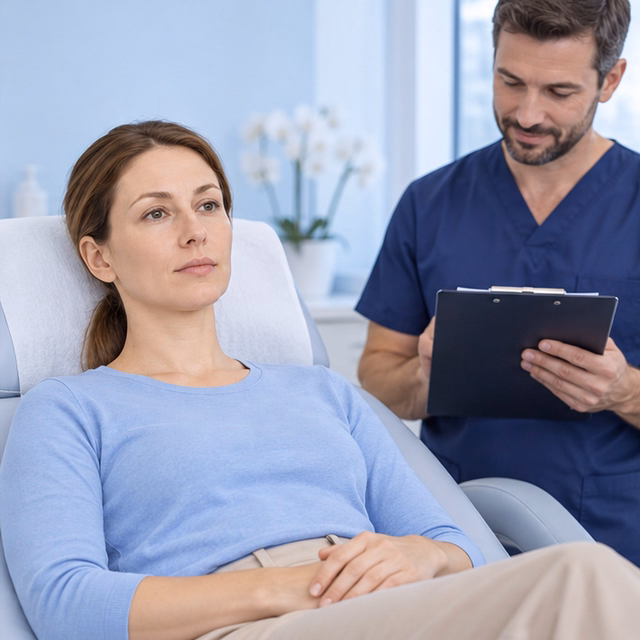 Woman Resting In A Clinic Chair While A Nurse Reviews Her Care Plan