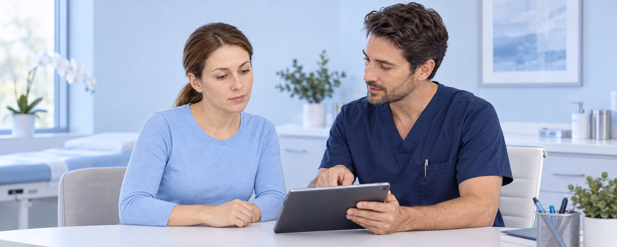 Woman Discussing Facial Skin Treatment Planning With A Physician